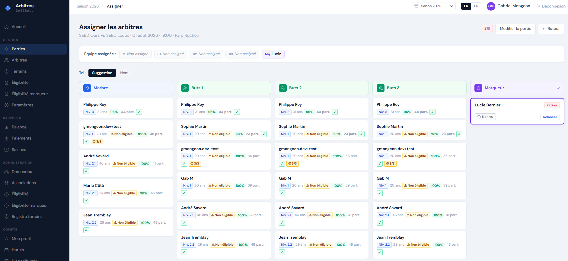 Assignment page: each candidate shows a row of chips with their level, workload and reliability rate.